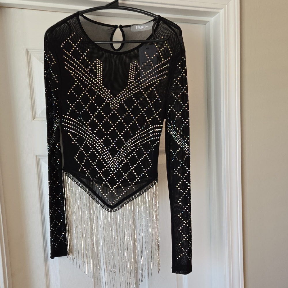 Blue B. Embellished Black Mesh Top with Rhinestones